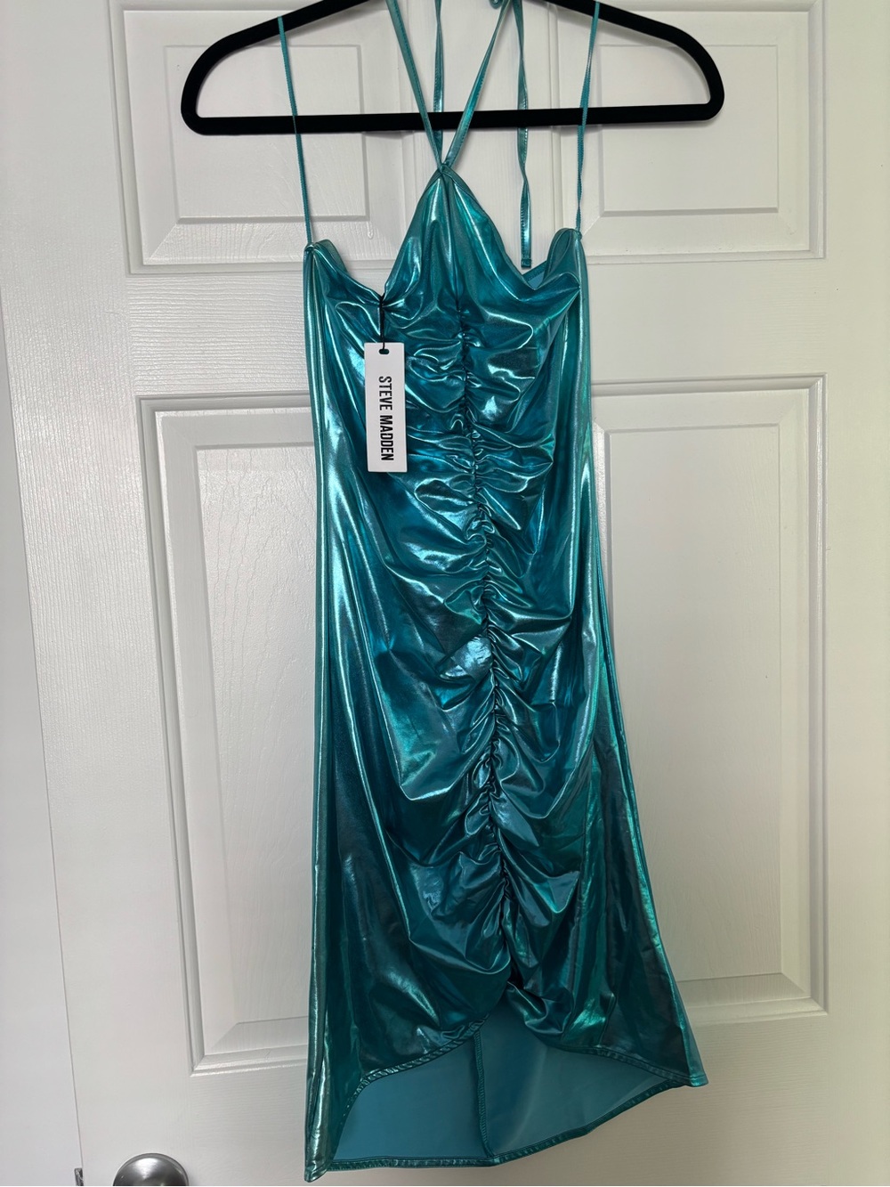 Steve Madden Shimmery Teal Ruched Slip Dress